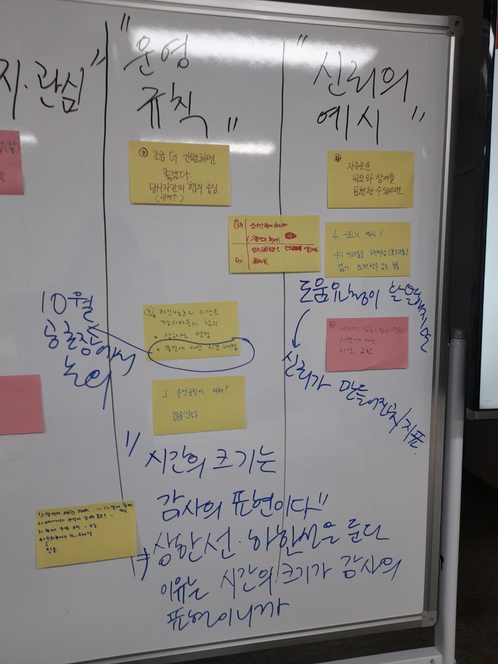 화이트보드에 '운영 규칙'과 '신뢰의 예시'를 적은 메모들. 아래쪽에 '시간의 크기는 감사의 표현이다'라고 적혀 있다